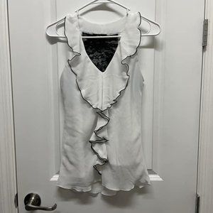 BCX White Sleeveless Top, Ruffled neckline with black piping, Size S